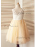 Ivory Lace Champagne Tulle V Neck Tea Length Flower Girl Dress